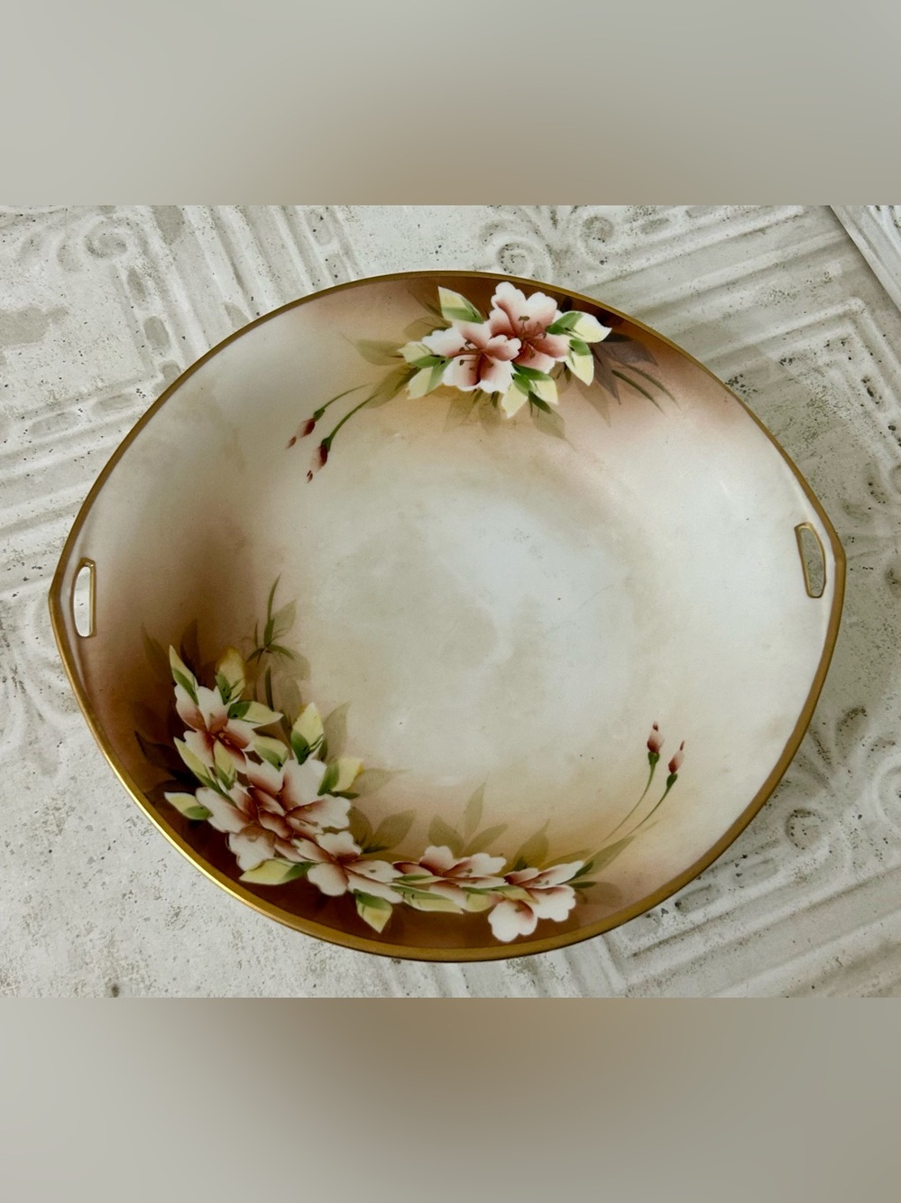 Antique Hand Painted Nippon 9.5 Serving Bowl Green Maple Leaf Mark 1891 to 1911